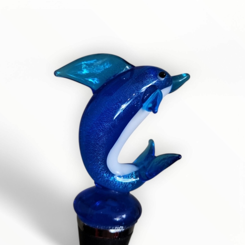 Blown Art Glass Blue Dolphin Wine Bottle Stopper - Picture 6 of 9